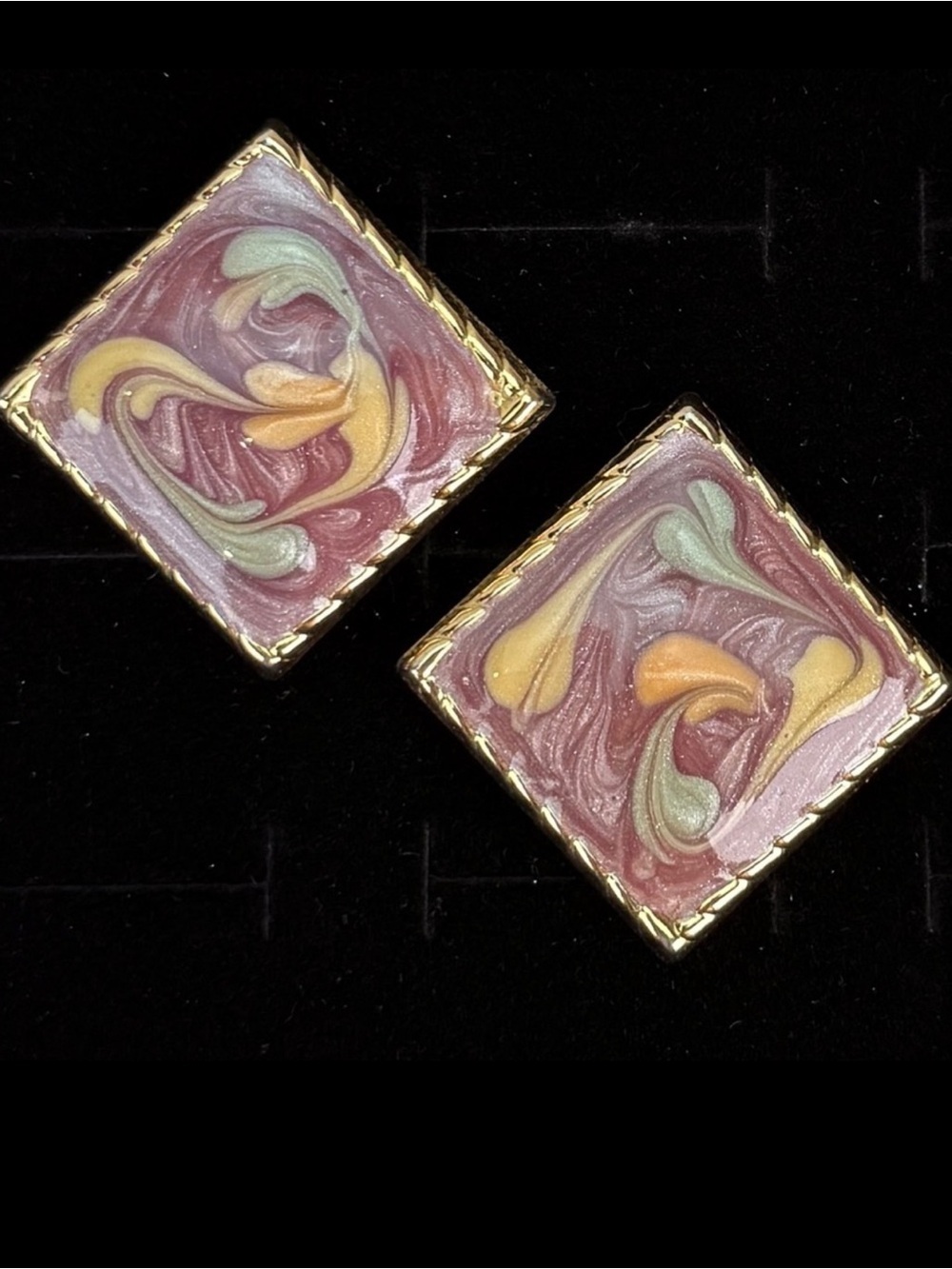 Vintage lightweight, goldtone enamel Square pierced earrings